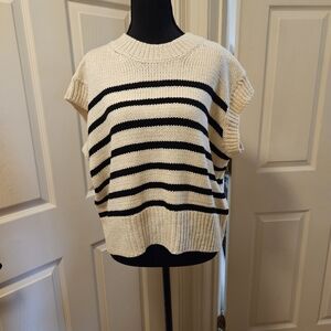 Capsule Wardrobe Beige & Black Striped Sweater Drop Shoulder Crew Neck Size L